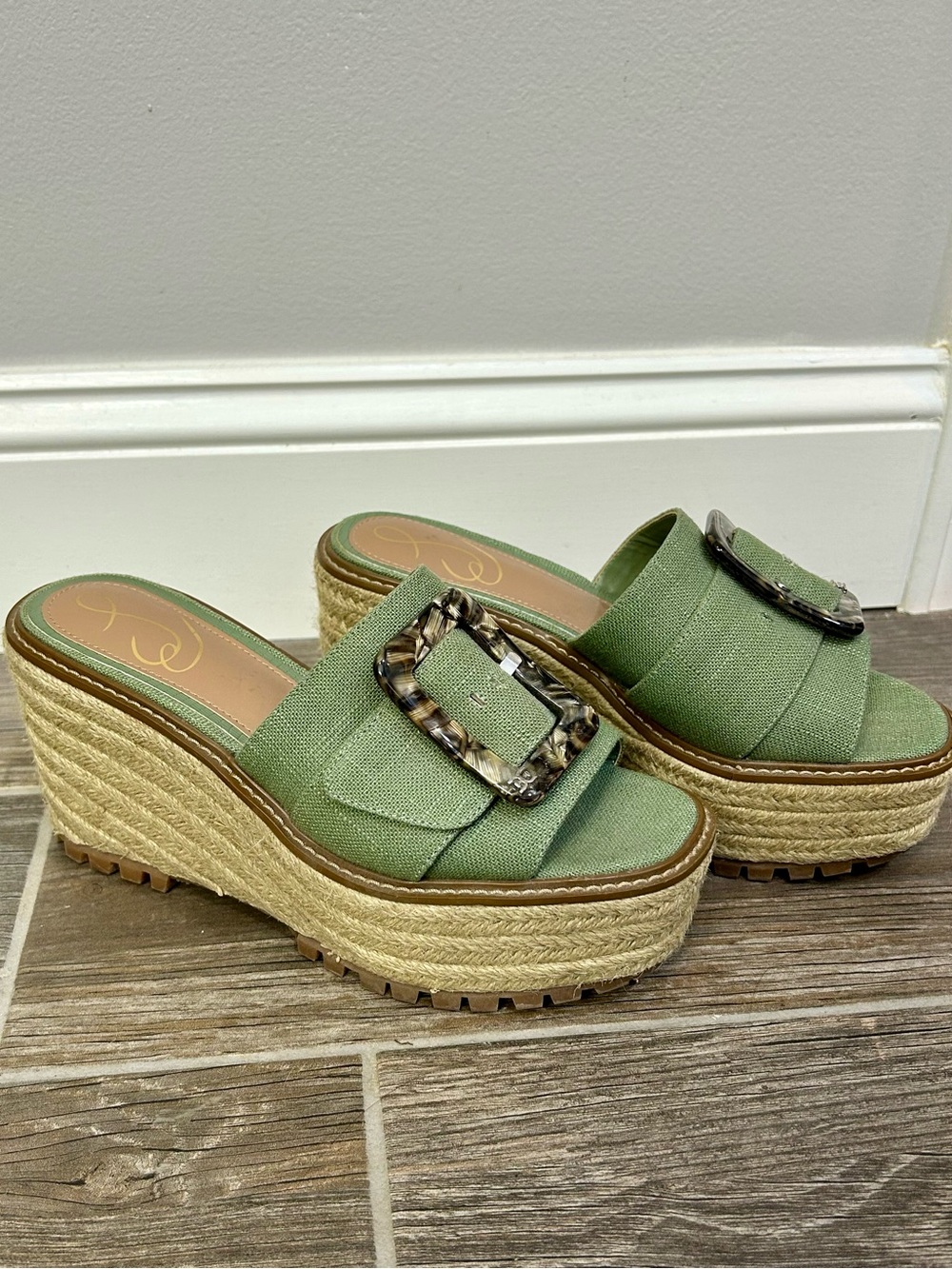 Sam Edelman Livi Espadrille Wedge Sandals Green Linen 7.5M